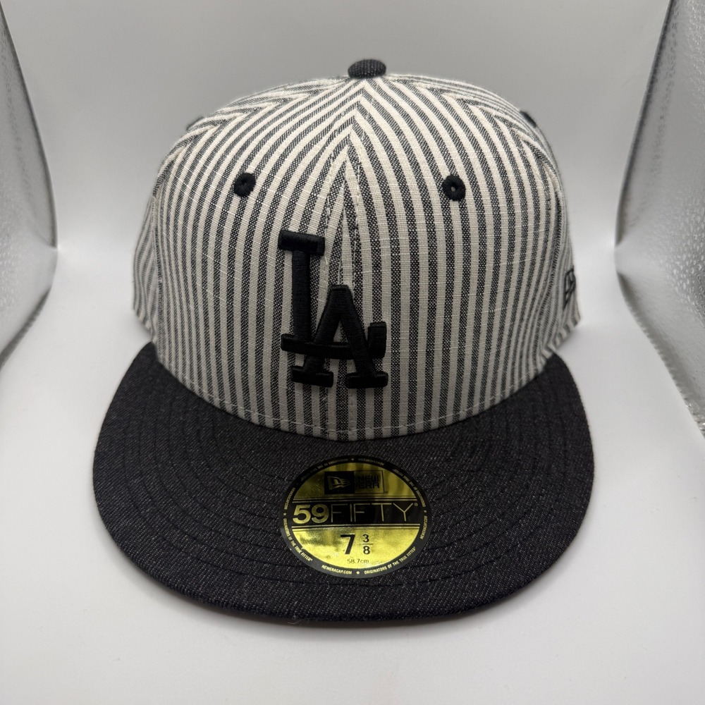 New Era 59FIFTY LA Dodgers Hat 7 3/8 Pinstripe Denim Fitted Cap Green Bottom
